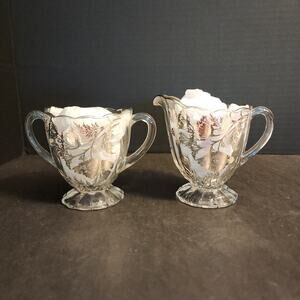 Viking Glass Silver City Flanders Poppy Silver Overlay Creamer and Sugar Set